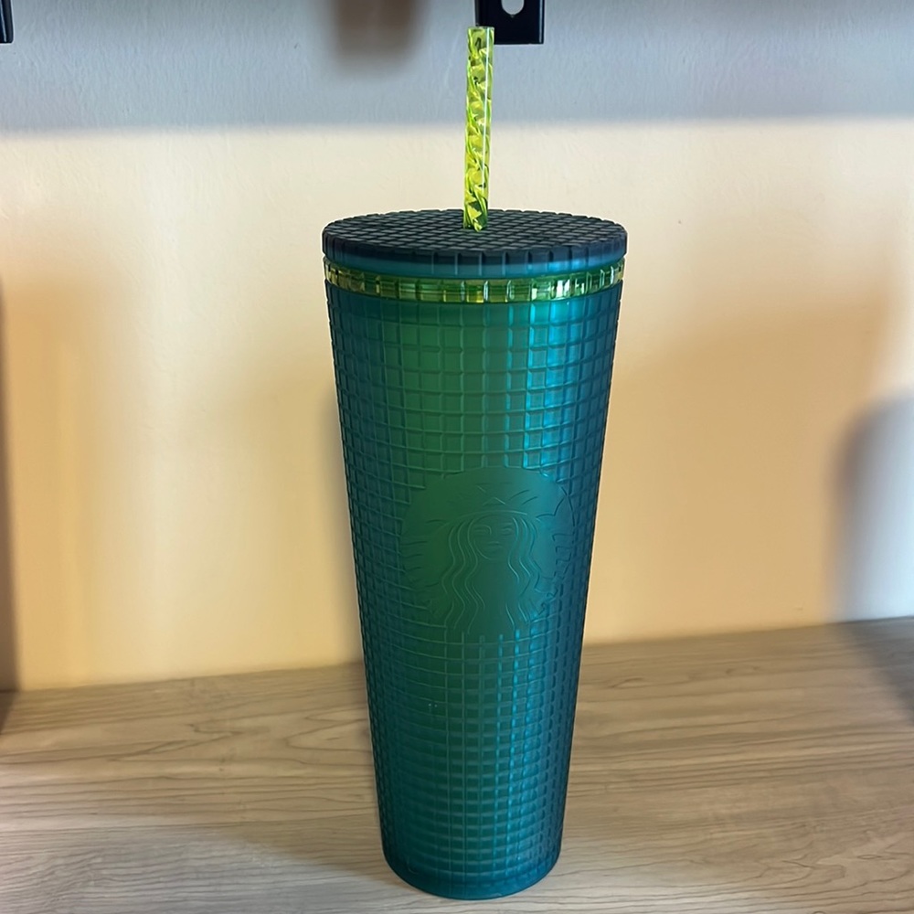 Starbucks 2022 Teal Green Yellow " Mountain Dew " Grid Soft Touch 24oz Tumbler